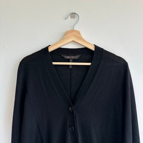 BCBGMAXAZRIA Merino Wool Round Hem Button Front V-Neck Cardigan Sweater Black S - Picture 3 of 8